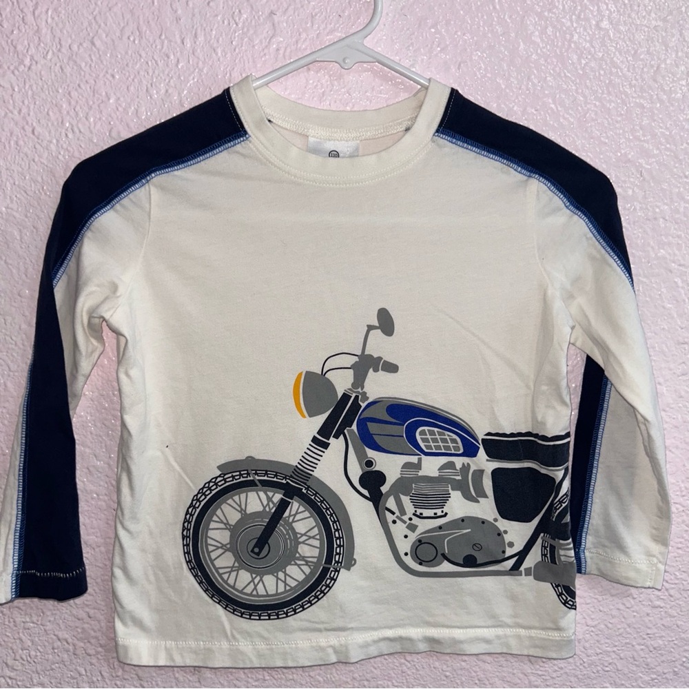 Hanna Andersson Blue and White Long Sleeve Tee with Motorcycle Graphic